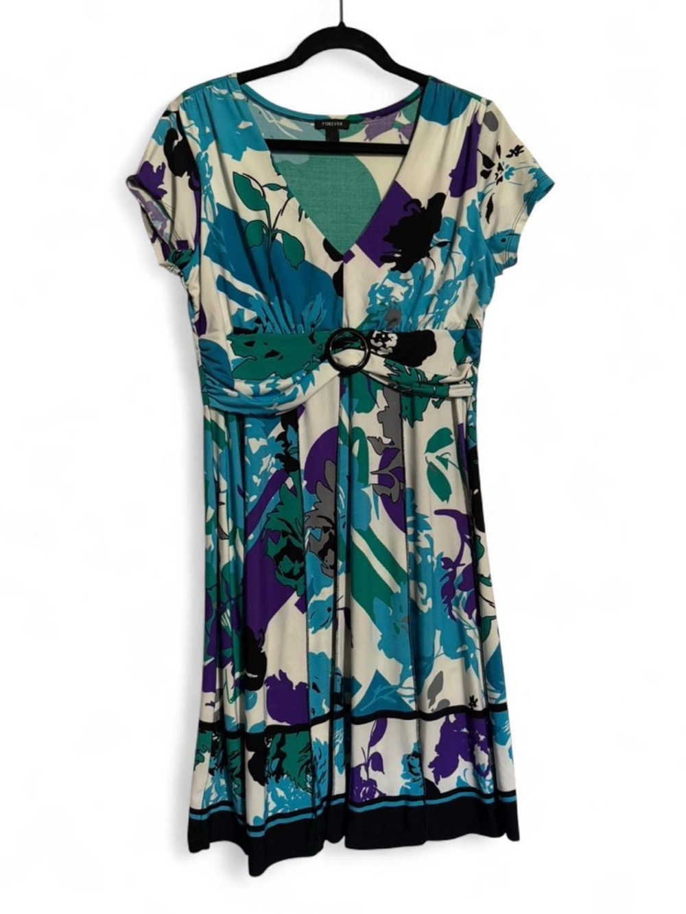 FOREVER Vintage Y2K Floral Midi Dress O-Ring Waist Blue Purple Size M